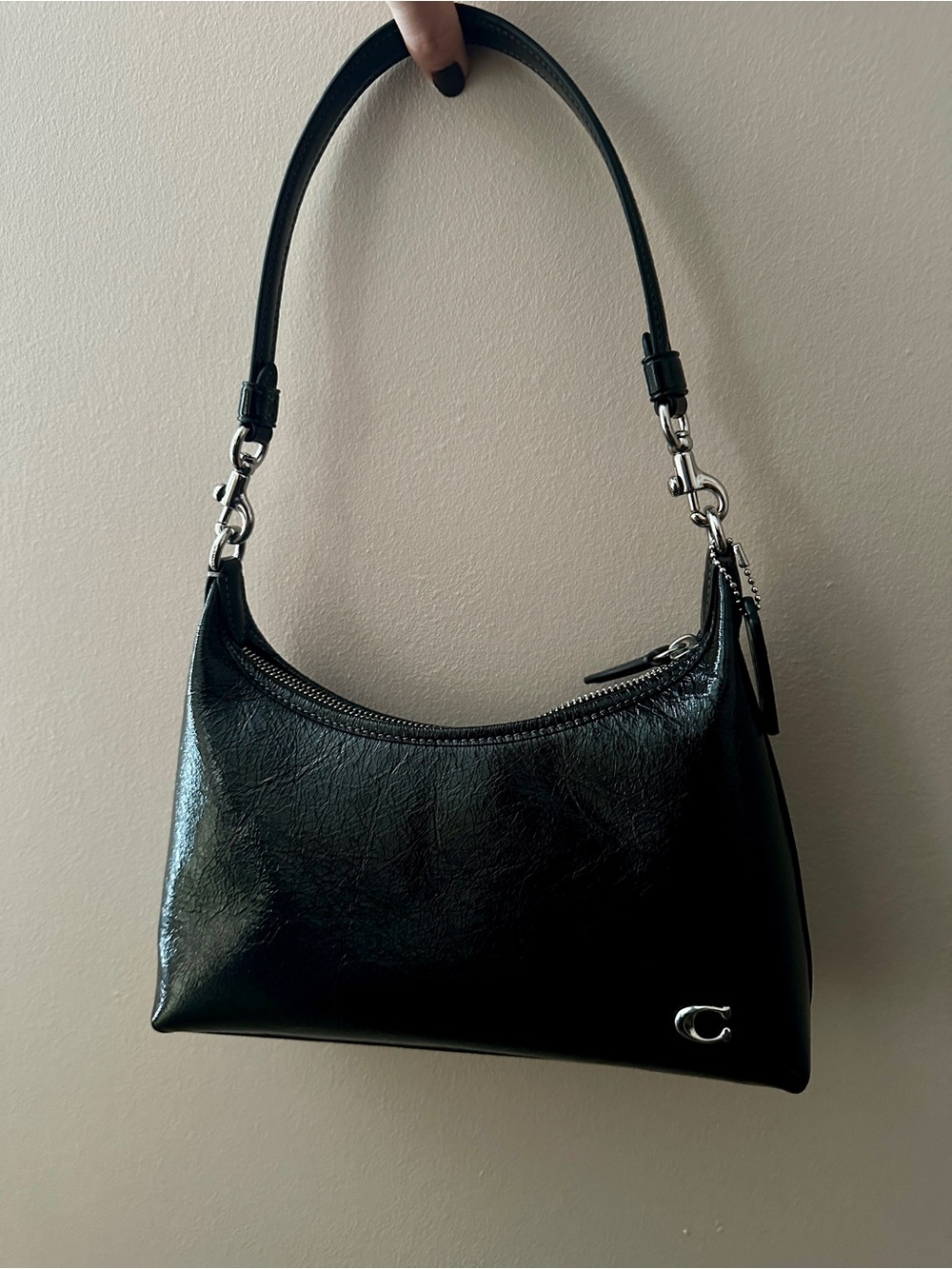 Coach Juliet 25 Black Glazed Leather Shoulder Bag Crossbody with Silver Hardware